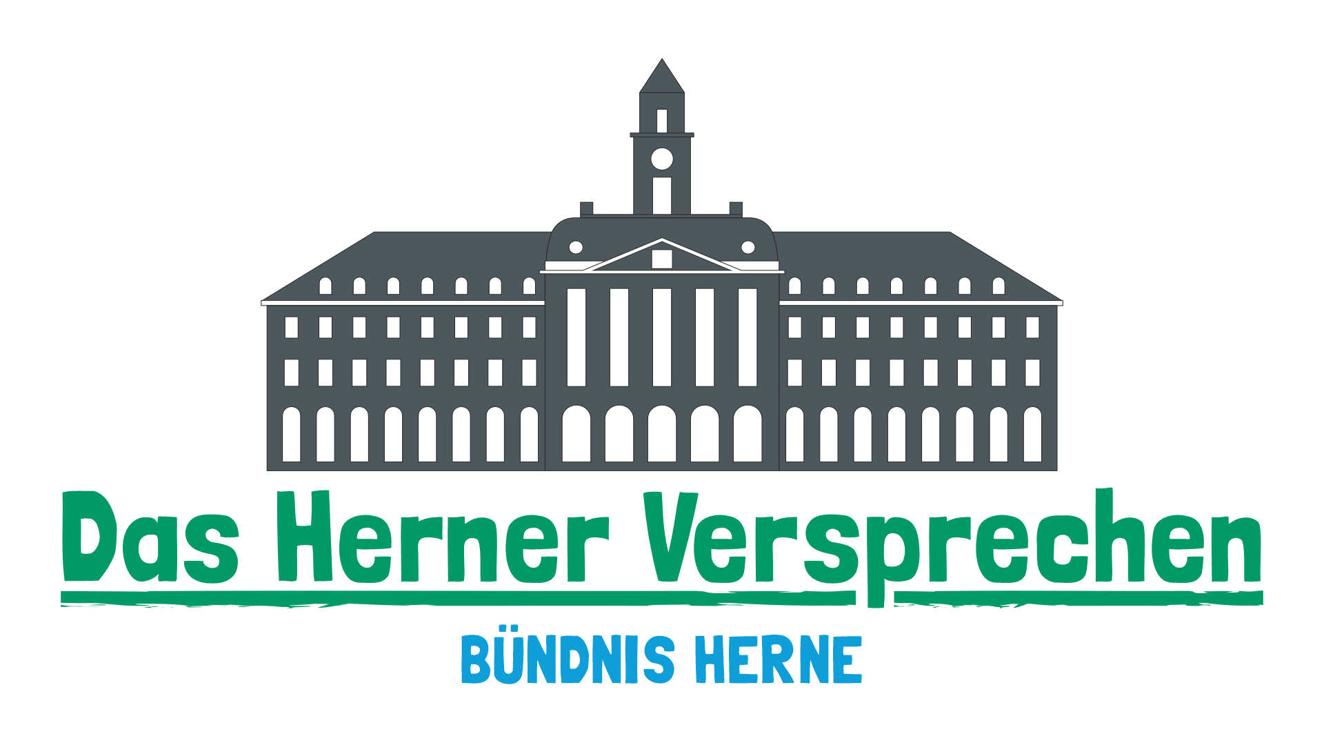 Logo des Herner Versprechens. Es zeigt mittig das stilisierte Rathaus Herne sowie den Schriftzug "Das Herner Versprechen" sowie "Bündnis Herne"